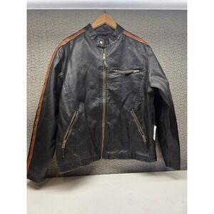 Arizona Jean Company Mens L Faux Leather Biker Jacket Brown Racing Stripe NEW